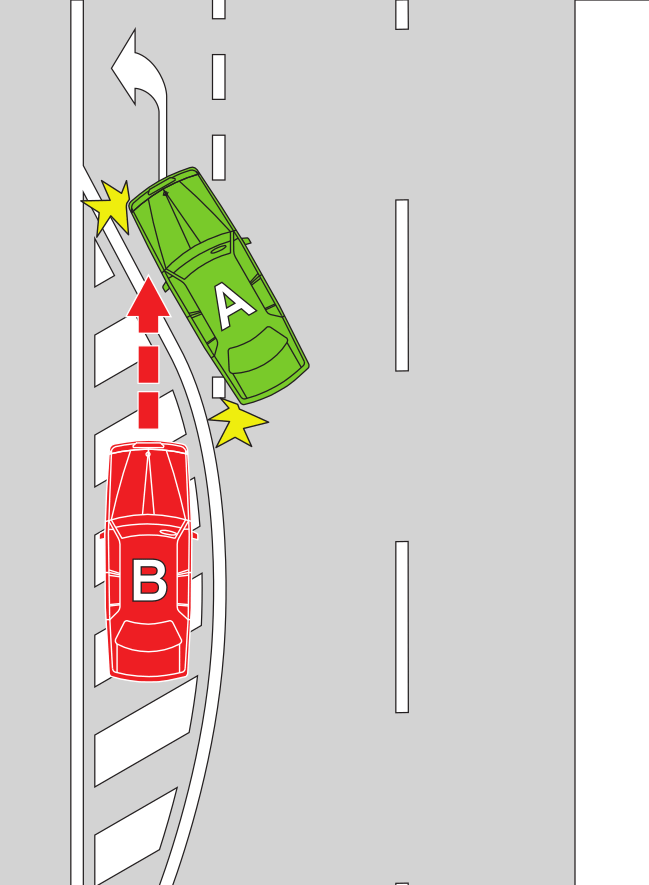 Driver entering a turning lane from a painted island giving way to a vehicle entering the turning lane from the marked lane immediately to the right of the turning lane