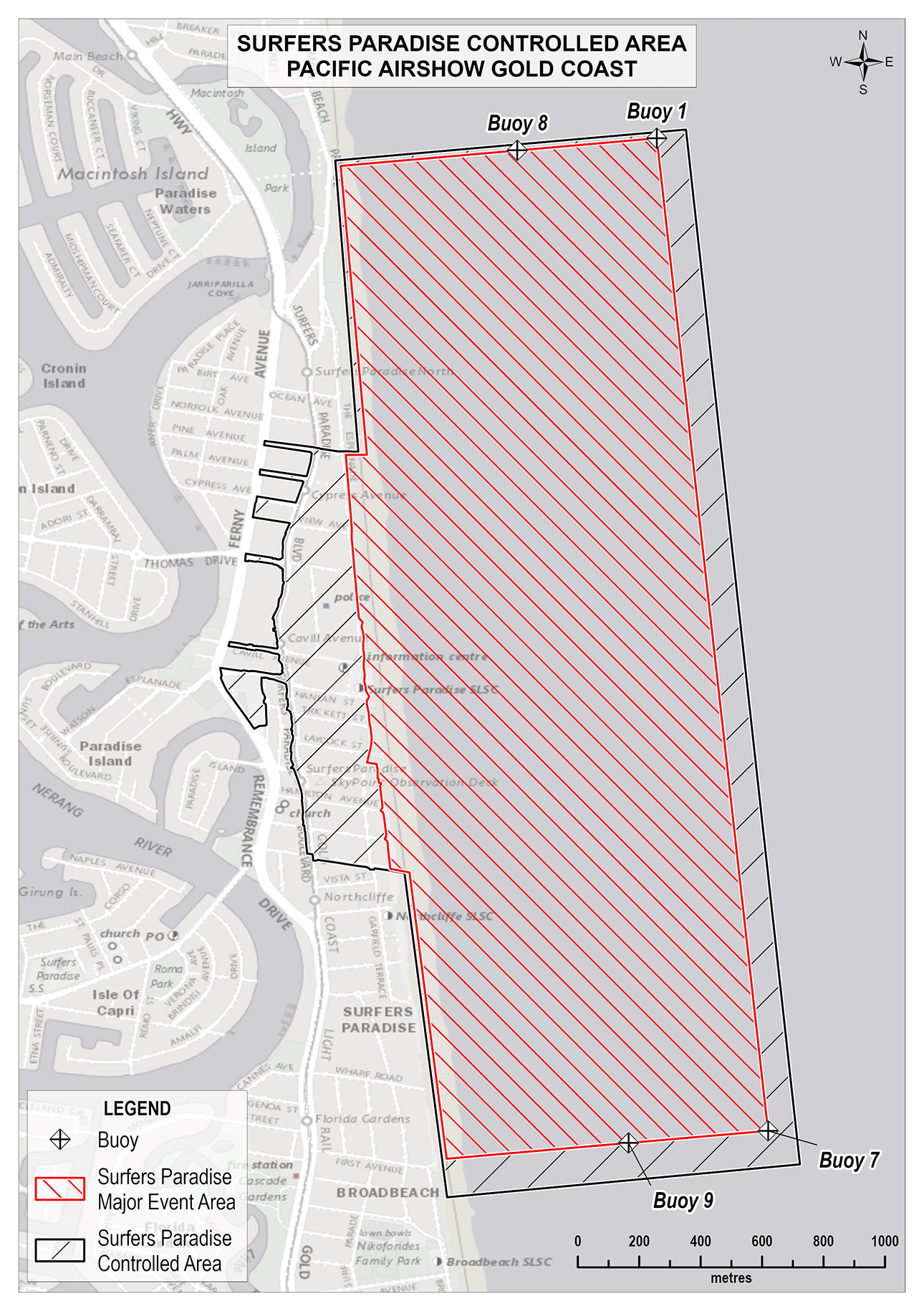 map of Surfers Paradise major event area and Surfers Paradise controlled area